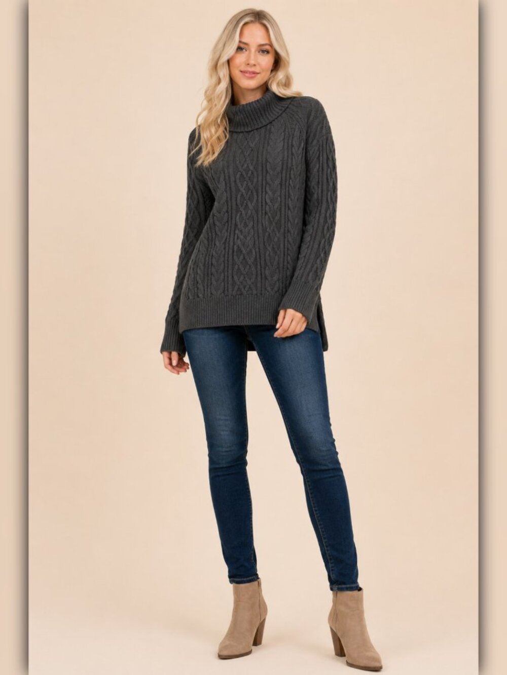 A399 • Gray Cable Knit Turtleneck Sweater